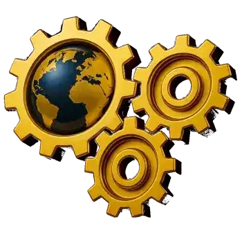 Złote koła zębate z kulą ziemską, symbol opieki informatycznej dla stron internetowych Big Bit