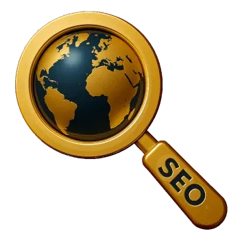 Złota lupa z napisem SEO i globem, symbol pozycjonowania stron i wizytówek Google Big Bit