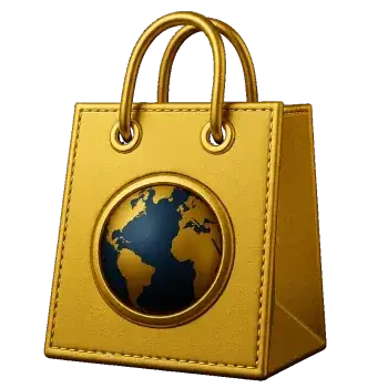 Złota torba zakupowa z globem, symbol projektowania sklepów internetowych Big Bit