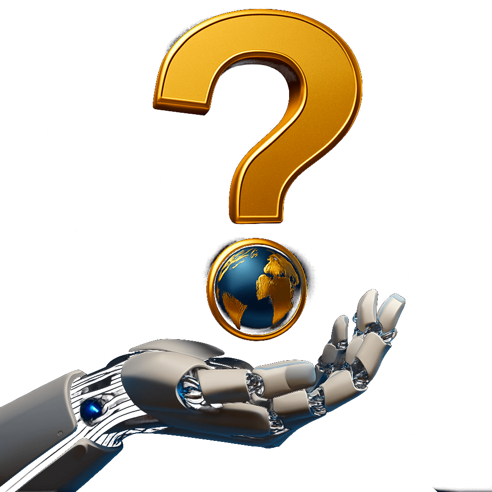 Dłoń robota unosząca kulę ze znakiem zapytania, grafika sekcji FAQ Big Bit