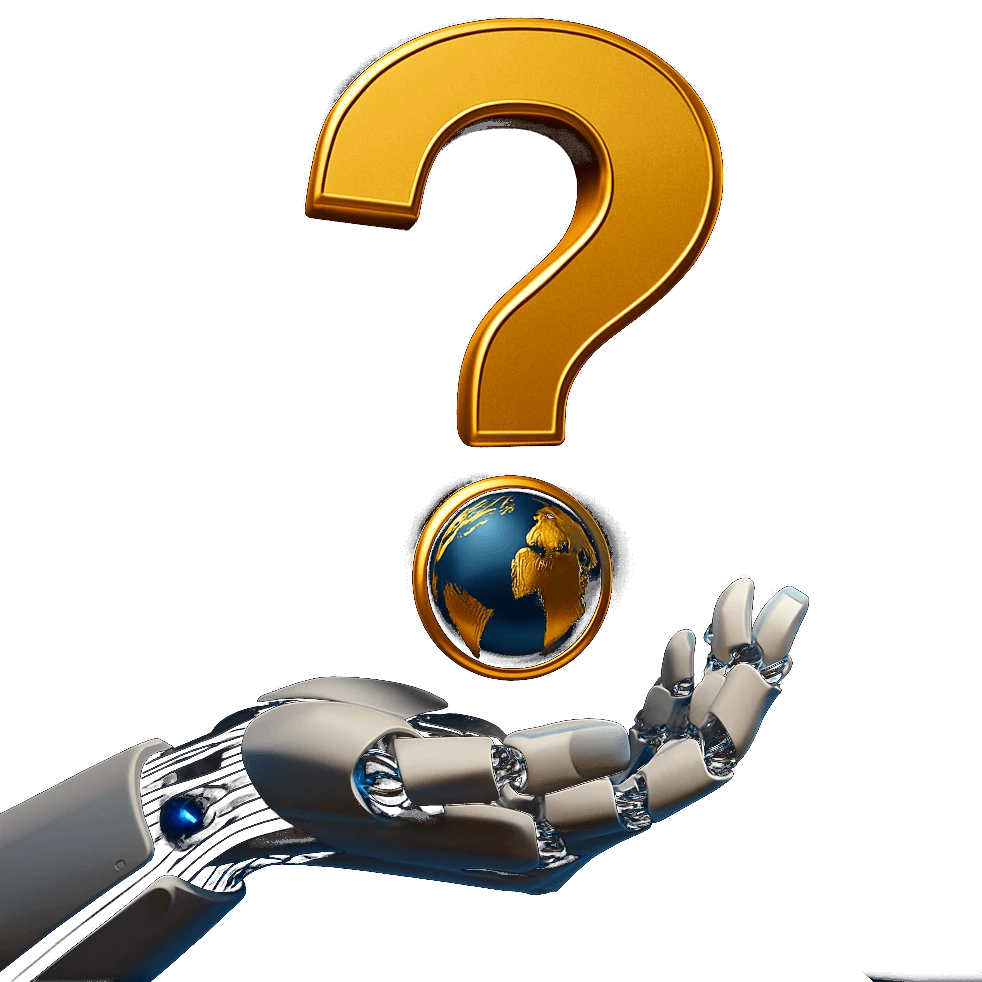 Dłoń robota unosząca kulę ze znakiem zapytania, grafika sekcji FAQ Big Bit