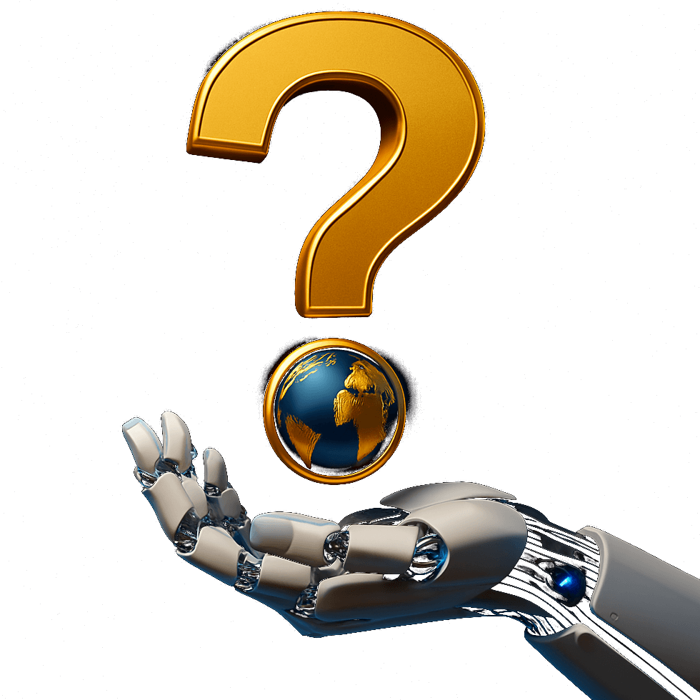 Dłoń robota unosząca kulę z symbolem zapytania, grafika sekcji FAQ Big Bit