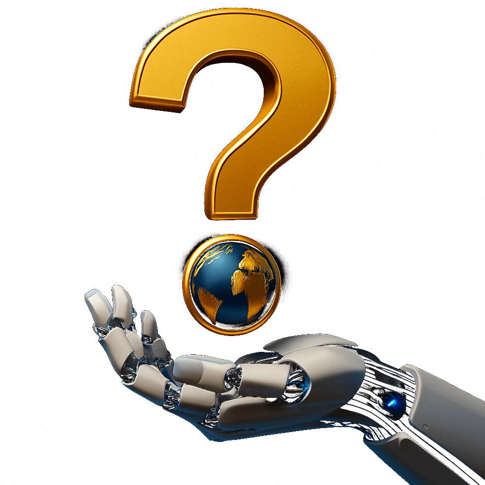 Dłoń robota unosząca kulę z symbolem zapytania, grafika sekcji FAQ Big Bit