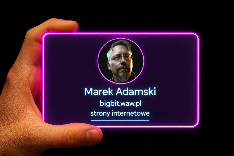 nowoczesna półprzezroczysta neonowa wizytówka Big Bit strony internetowe z avatarem Marek Adamski