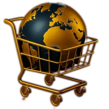 Złoty koszyk zakupowy z kulą ziemską, symbol integracji e-commerce w Big Bit