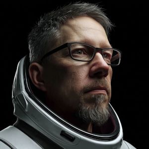 Avatar AI Marek Adamski w stroju kosmonauty, grafika sekcji Filozofia pracy Big Bit