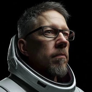 Avatar AI Marek Adamski w stroju kosmonauty, grafika sekcji Filozofia pracy Big Bit