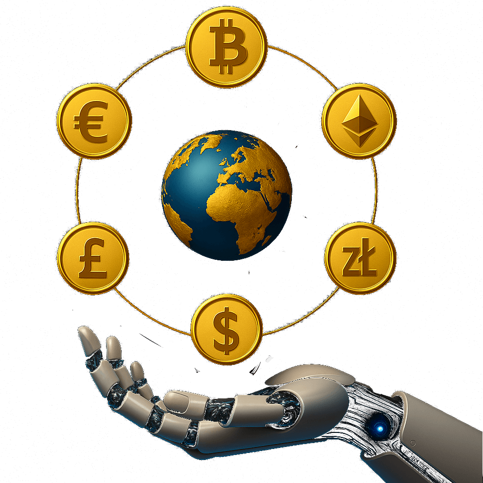 Złote symbole walut wokół kuli ziemskiej, symbol oferty stron premium Big Bit