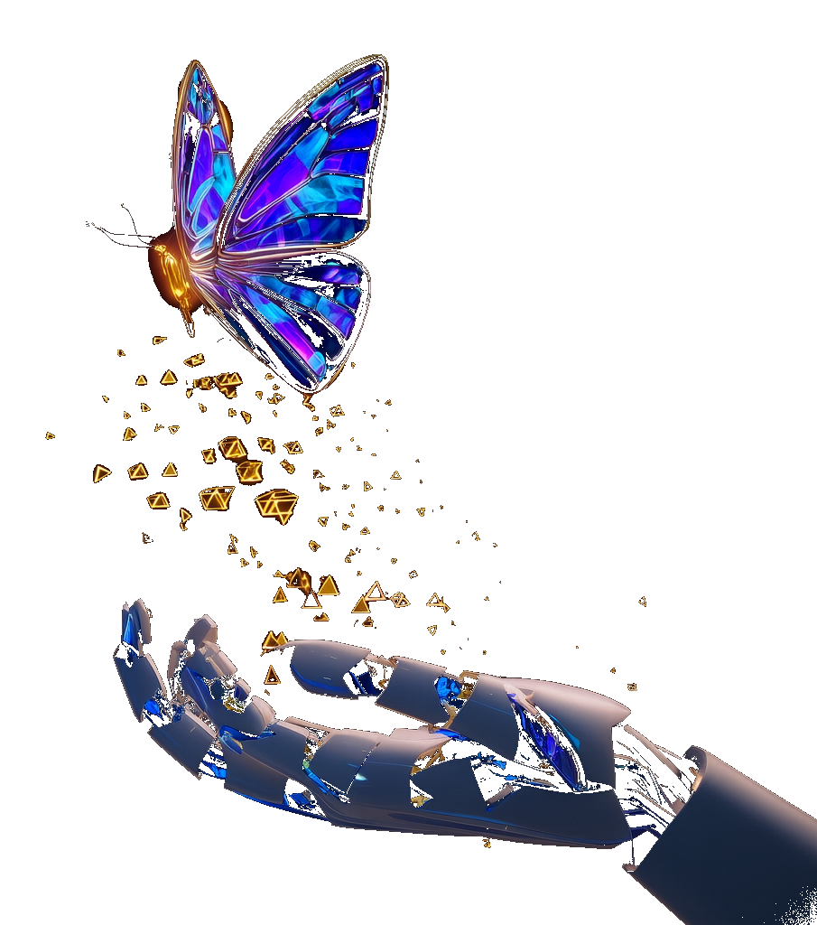 Kolorowy motyl wznosi się do lotu z dłoni robota, symbol kreatywności i nowoczesnych stron internetowych Big Bit