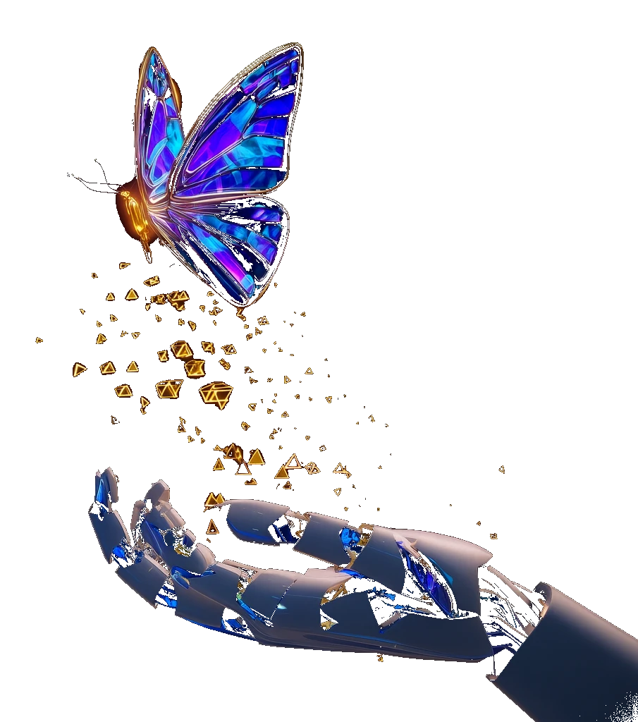 Kolorowy motyl wznosi się do lotu z dłoni robota, symbol kreatywności i nowoczesnych stron internetowych Big Bit